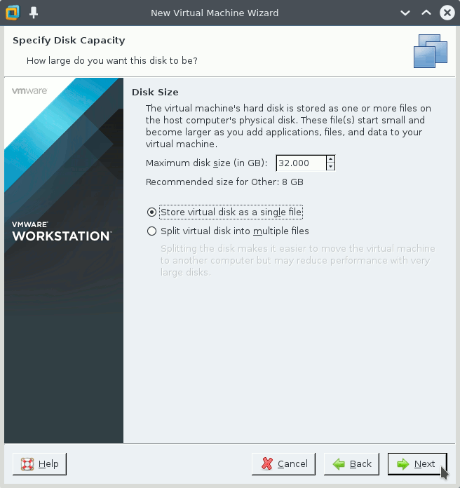 Android Installation on VMware Workstation Linux - disk size