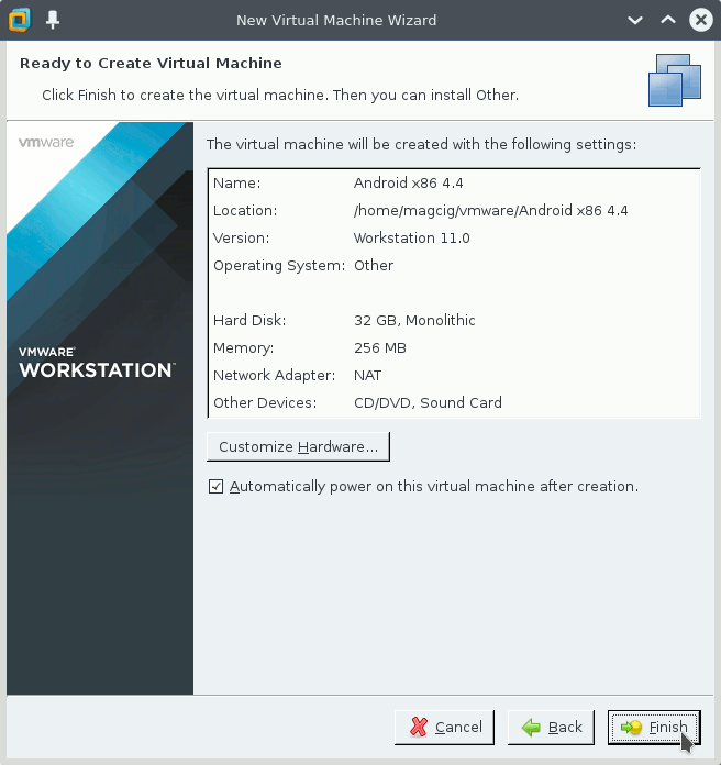 Android Installation on VMware Workstation Linux - create vm