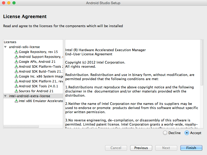 Android Studio IDE Quick Start for macOS - accept licenses