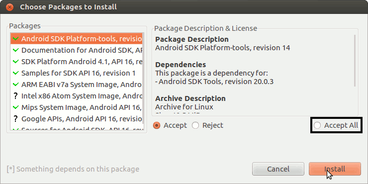 Linux Kubuntu 12 Select Android SDK Features