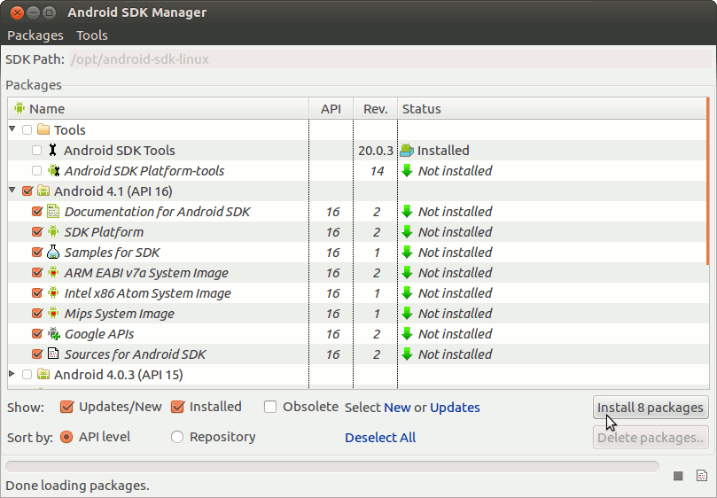 Linux Lubuntu 12 Start Android SDK Manager