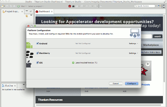 Appcelerator Titanium Studio Getting-Started on openSUSE - Installing Mobile SDKs