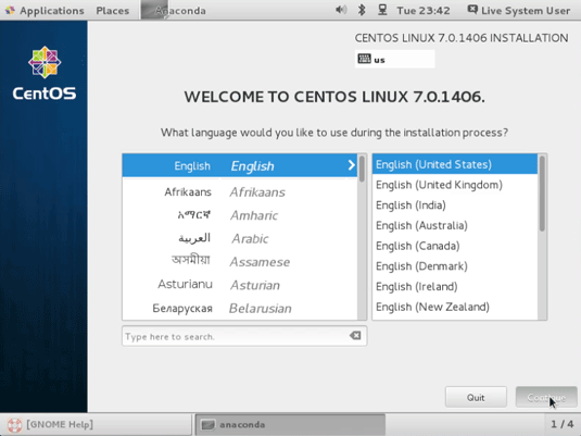 Install CentOS 7 GNOME on VirtualBox - Select Language