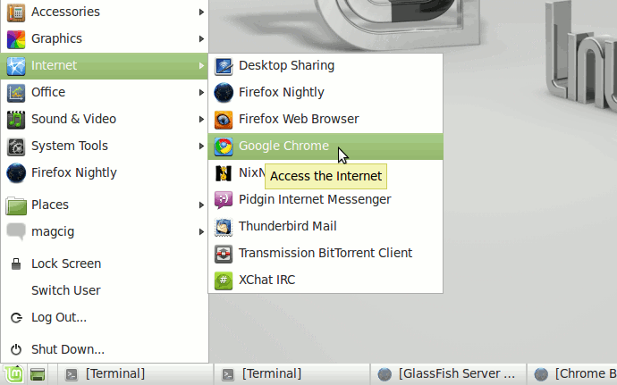 Chrome on Linux Mint 13 Cinnamon Main Menu
