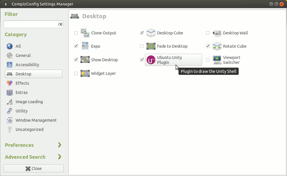 Running Ubuntu Unity with Compiz - Enabling Unity Shell Compiz Plugin