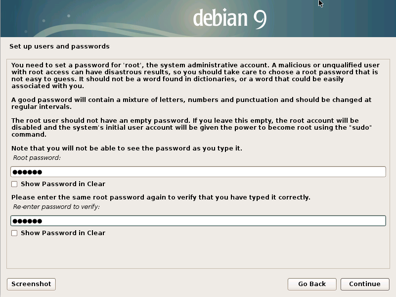 Installing Debian Stretch 9 on a VMware Fusion VM - root user pass