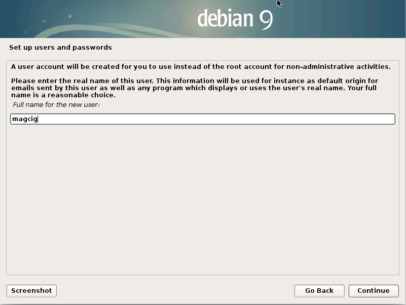 Installing Debian Stretch 9 on a VMware Fusion VM - full name