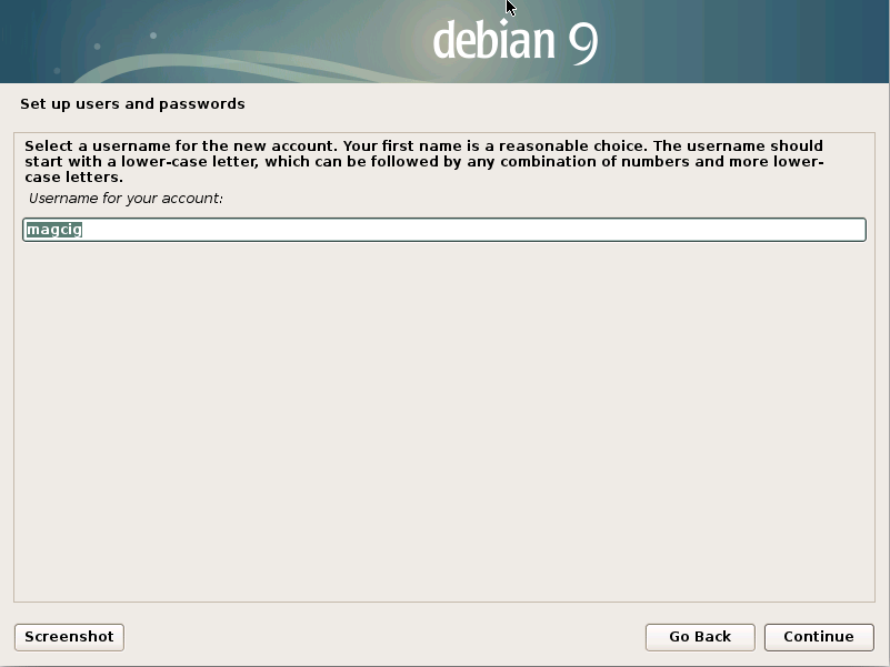 Installing Debian Stretch 9 on a VMware Fusion VM - username