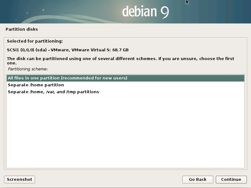 Installing Debian Stretch 9 on a VMware Fusion VM - all in one