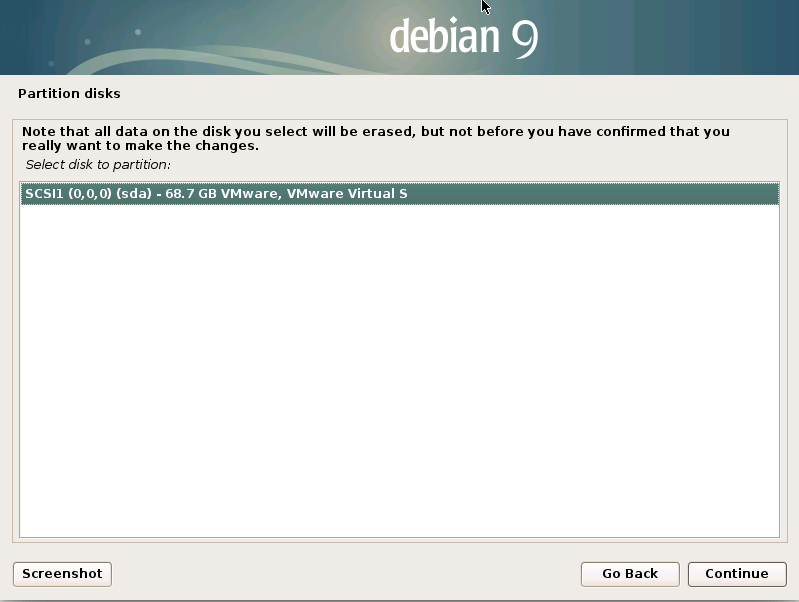 Installing Debian Stretch 9 on a VMware Fusion VM - selecting disk