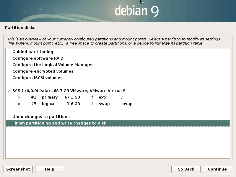 Installing Debian Stretch 9 on a VMware Fusion VM - writing changes