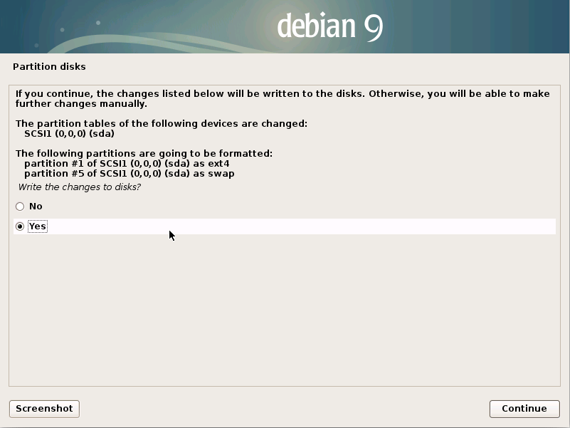 Installing Debian Stretch 9 on a VMware Fusion VM - confirm to write changes to disk