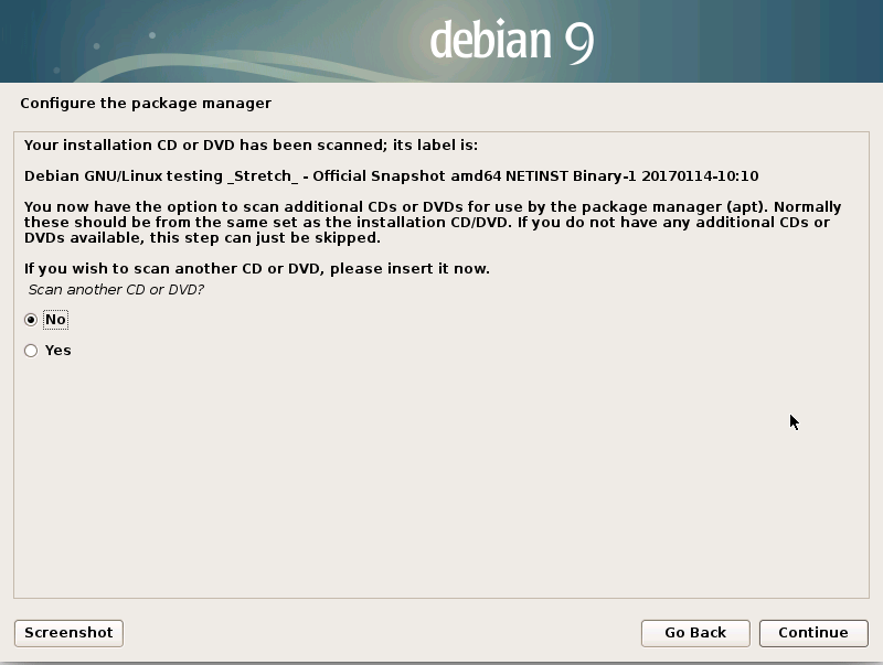 Installing Debian Stretch 9 on a VMware Fusion VM - package manager scan dvd