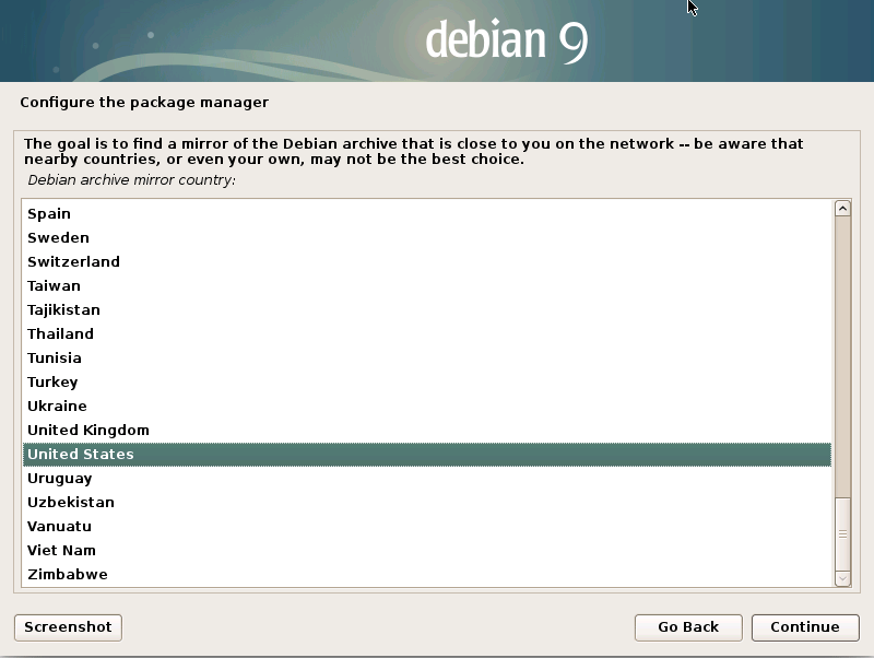Installing Debian Stretch 9 on a VMware Fusion VM - mirror country