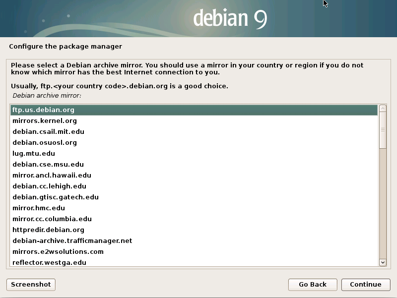 Installing Debian Stretch 9 on a VMware Fusion VM - packages mirror