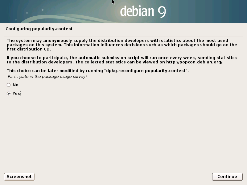 Installing Debian Stretch 9 on a VMware Fusion VM - popularity contest