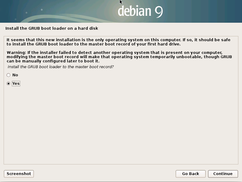Installing Debian Stretch 9 on a VMware Fusion VM - confirm grub installation
