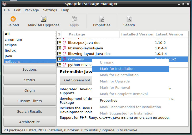 Debian Package Install Getting Started Guide - Debian 9 Synaptic UI Install Package Right-Click Mark