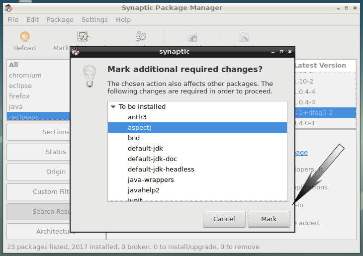 Debian Package Install Getting Started Guide - Debian 9 Synaptic UI Install Package Confirm Mark