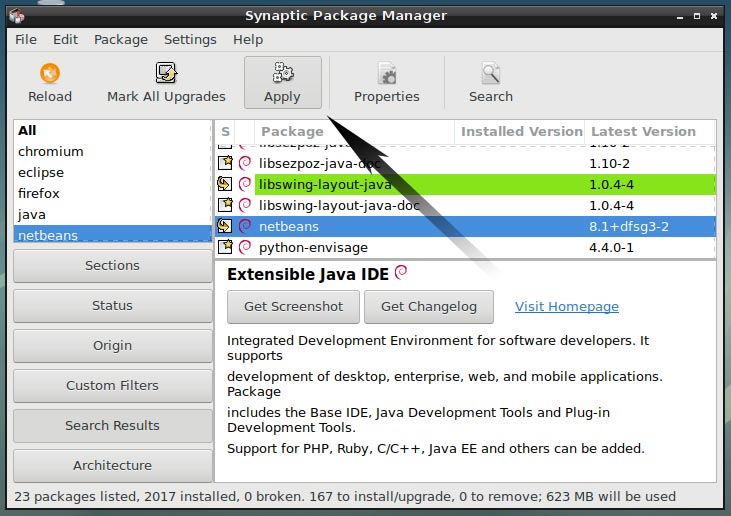 Debian Package Install Getting Started Guide - Debian 9 Synaptic UI Install Package Apply