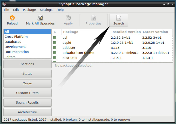 Debian Package Install Getting Started Guide - Debian 9 Synaptic UI Search Package