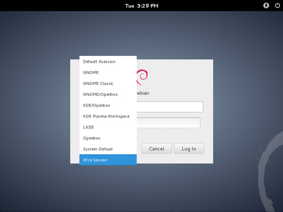 Install Xfce on Debian Wheezy 7 GNOME - Select Xfce Session