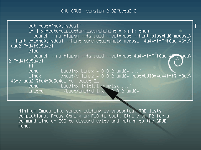 Debian 11 Runlevel 3 - edit grub command