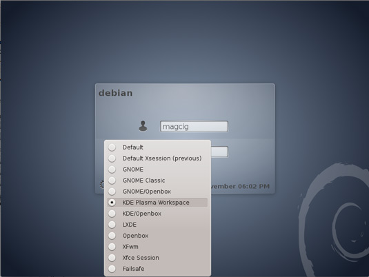 Install KDE4 on Debian Wheezy 7 Xfce - Select KDE Plasma Session