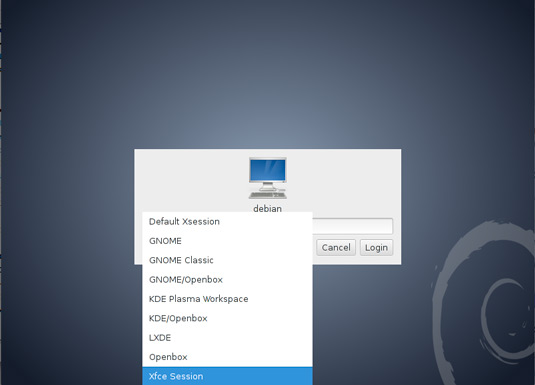Install Xfce on Debian Wheezy 7 Lxde - Select KDE Session