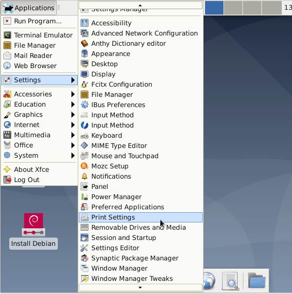 GNU/Linux Debian Xfce Add Printer - Printer Settings