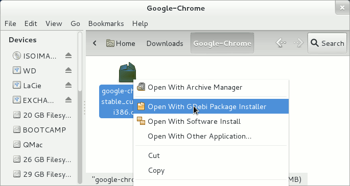 Debian Wheezy GNOME3 Select GDebi for Installing Google Chrome .deb Package