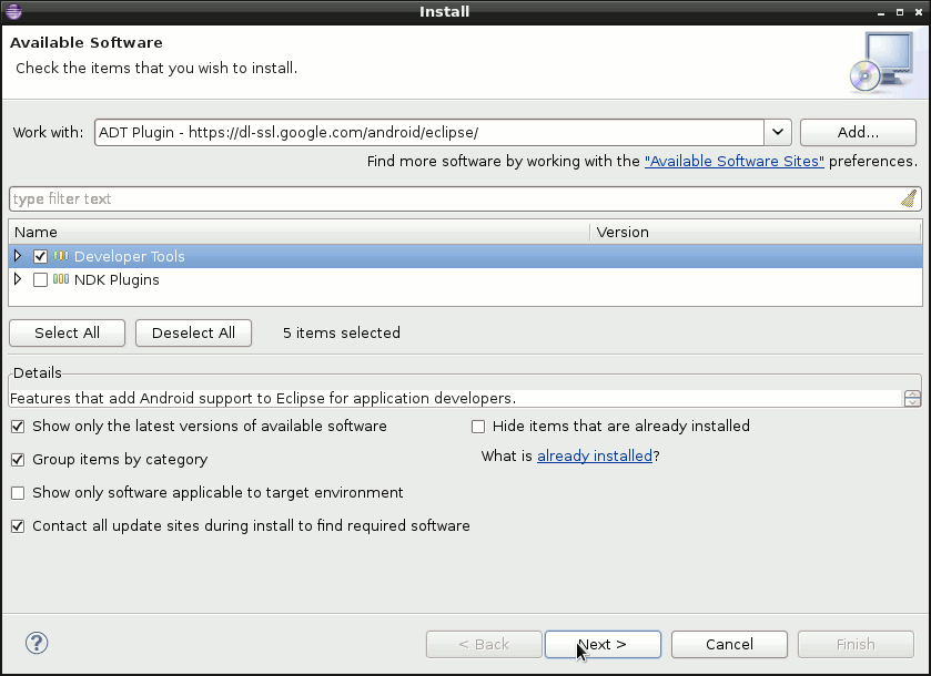 Eclipse Install Android ADT Plugin - Eclipse Select Stuff to be Installed