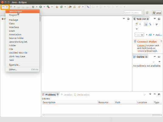 Ubuntu Java FX 8 Eclipse Quick Start with Hello-World - Create New Java Project