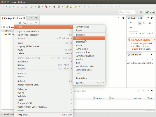 Ubuntu Java Eclipse Quick Start with Hello-World - Create New Java Class