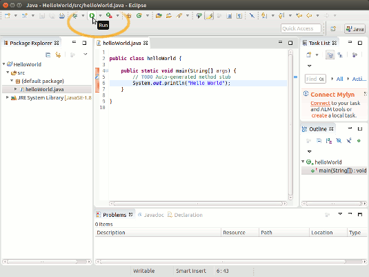 Java Eclipse Quick Start with Hello-World on Ubuntu - Running