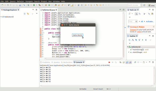 Ubuntu Eclipse Java FX 8 Quick Start with Hello-World - Console Output