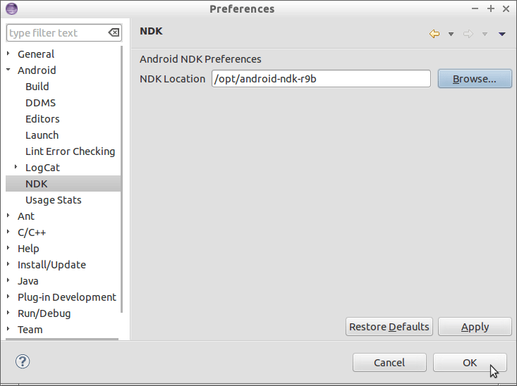 Linux Mint Eclipse Android Development NDK Getting-Started - Set Eclipse Android NDK Path
