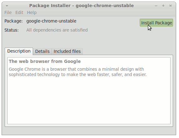 Install Chrome Dev/Unstable on Debian Squeeze - GDebi Installing Chrome Unstable .deb Package 1
