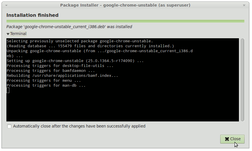 Install Chrome Dev/Unstable on Debian Squeeze - GDebi Installing Chrome Unstable .deb Package 2