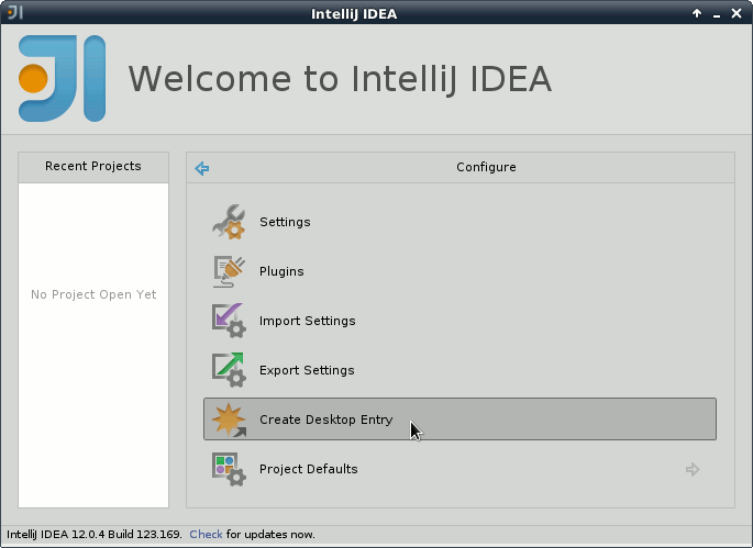 IntelliJ IDEA 14 Welcome - Configure - Create Desktop Entry