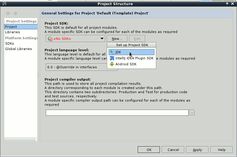 IntelliJ 12.X Welcome - Configure - Project Defaults - Project Structure - New Sdk