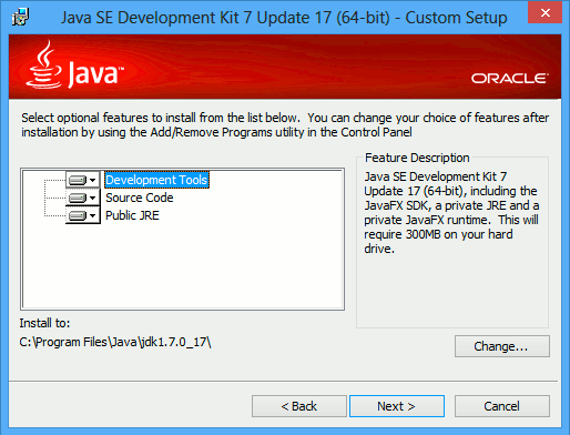 JDK 7 Installation Windows 8 Select Features