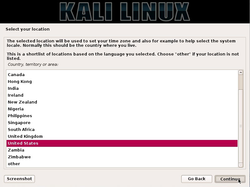 VirtualBox Kali GNU/Linux 2019 Virtual Machine Installation Easy Guide - Select Location