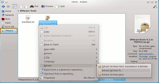 KDE4 Desktop Extracting the VMware-Tools