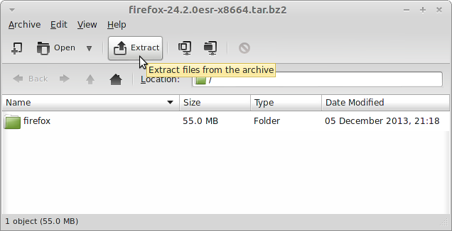 Install the latest Firefox ESR on Linux Mint Mate 13-Maya/14-Nadia/15-Olivia/16-Petra - Mate Firefox ESR Archive Extraction