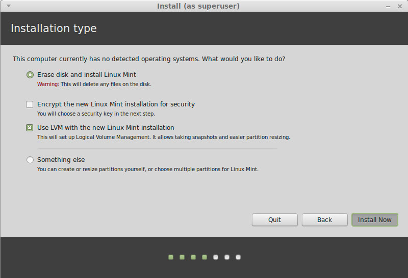 Install Linux Mint 18 Sarah Mate on VMware Fusion 8 - Formatting with LVM SetUp