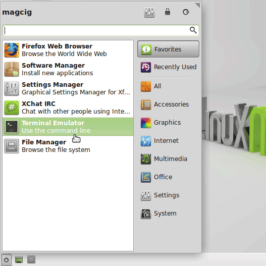Install VMware Tools on Linux Mint 15 Xfce - Open Terminal