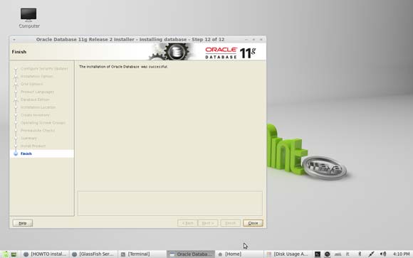 Install Oracle 11g Database on Linux Mint 14 Mate - Successfull Installation