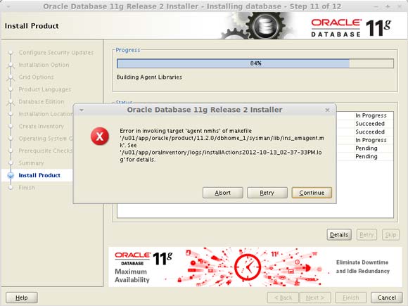 Oracle 11g Ubuntu-like Installation Error in Invoking Target Agent nmhs of makefile