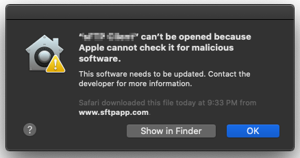 Mac Catalina App Can't be Opened because Apple Cannot Check it for Malicious Software Solution - Show in Finder